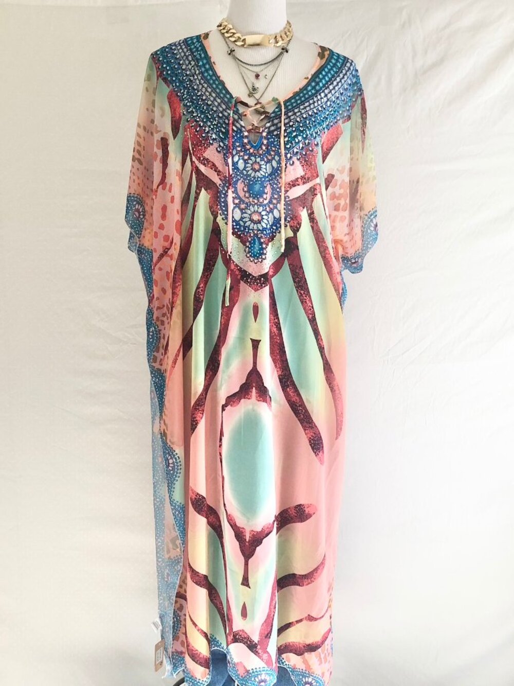 Odiva Chiffon Cover Up Kaftan Maxi Dress Peach Multicolor Size OS